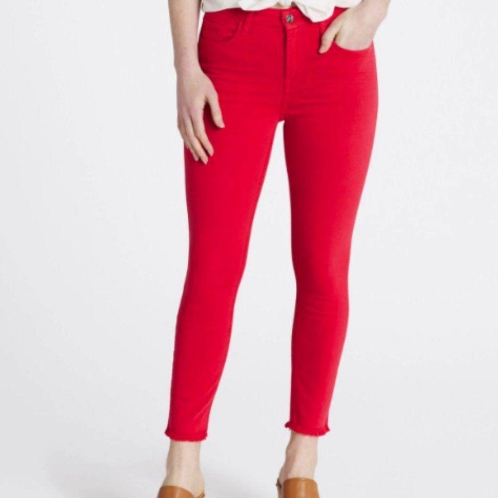 Jen 7 By 7 For All Mankind Cherry Red Cropped Skinny Frayed Hem Jeans Size 8